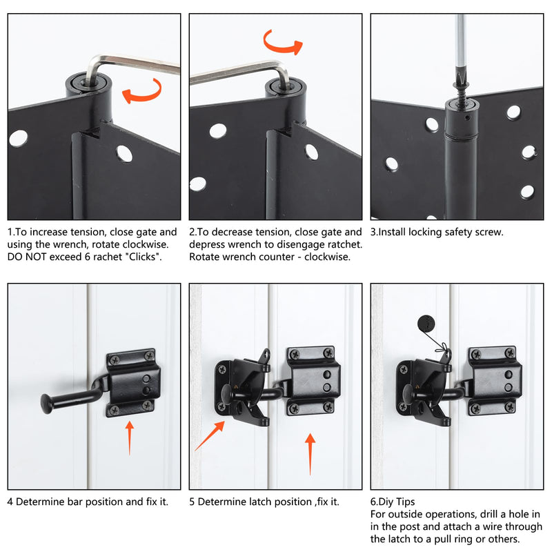 HOME MASTER HARDWARE Self-Closing Gate Kit Black - 3.5 in Spring Tee Hinges 2 Pack + Self-Adjusting Gate Latch 1 Pack