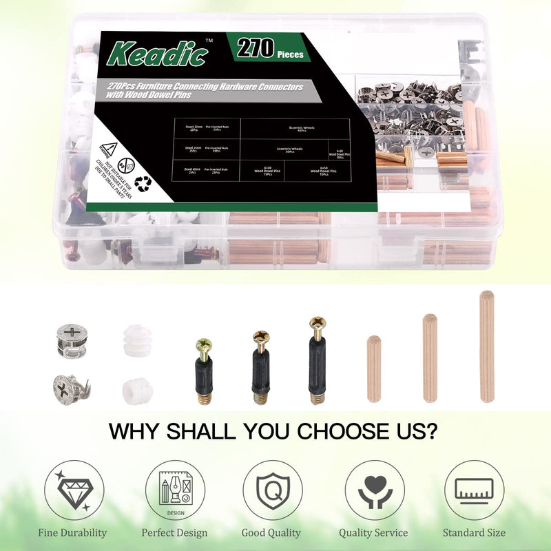 [Australia - AusPower] - Keadic 270Pcs 3 in 1 Cam Lock Nuts and Wood Dowel Pins Assortment Set Furniture Connecting Fittings Nut Screws Bolts Fasteners Connectors for Cabinet Drawer Dresser Wardrobe Furniture Panel (Silver) 