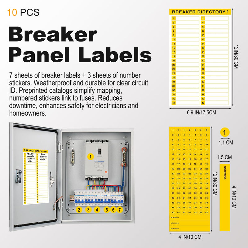 10 Sheets Breaker Panel Labels, Waterproof Self-Adhesive Electrical Labels with 7 Breaker Catalog & 3 Number Stickers for Electrical Box & Load Center