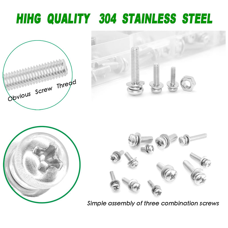 [Australia - AusPower] - Metric M2.5 M3 M4 304 Stainless Steel Phillips Pan Head Machine Screws Bolts Combine with Spring Washer and Plain Washers Nuts Assortment Kit.Bolts and Nuts Washers Assortment Kit sllver 400pcs Phillips Pan Head Combine screws 
