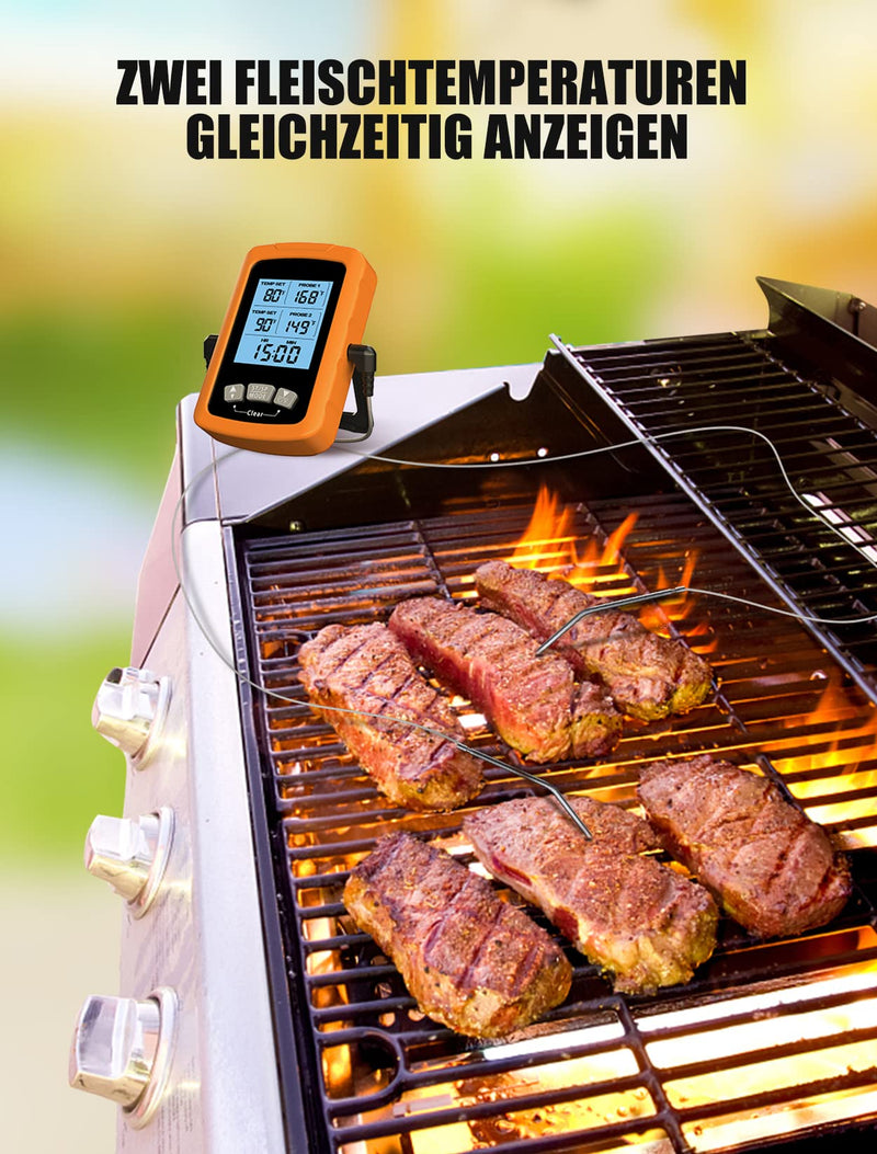 [Australia - AusPower] - CIRYCASE Digital Meat Thermometer, Quick and Precise Read Oven Thermometer with Two 16.3 cm Stainless Steel Probes, Grill Thermometer with Auto On/Off, Timer & LCD Screen, for Cooking, BBQ, Kitchen orange 