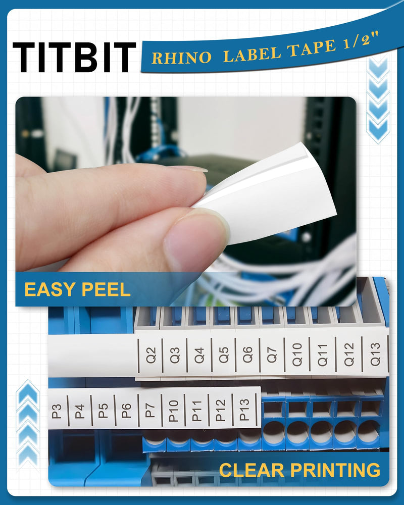 TITBIT 18444 Permanent Vinyl Label Tape 1/2" Replacement for DYMO Rhino 18444 Fit with DYMO Rhino 4200 5200 5000 6000 6500 Industrial Label Maker,12mm(1/2 Inch) x 18 feet Black on White,5 Pack 5