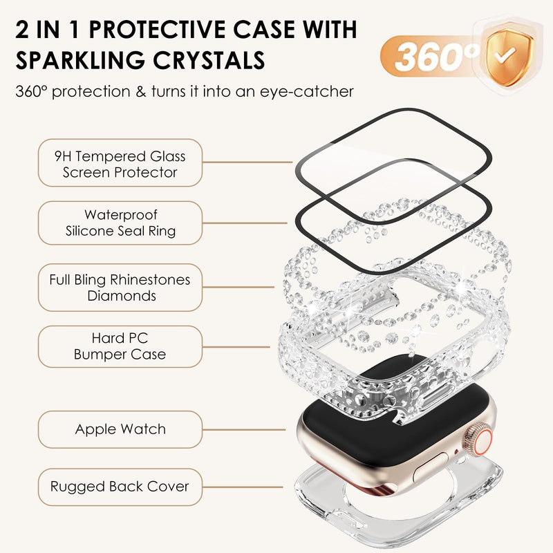 [Australia - AusPower] - Wingle 2 in 1 Waterproof Bling Case for Apple Watch Series 9 8 7 45mm Screen Protector, Lace Edge Diamond Face Cover Full Glitter Rhinestone Protective Bumper for iWatch Accessories Women, 45 mm Clear Waterproof-Clear 