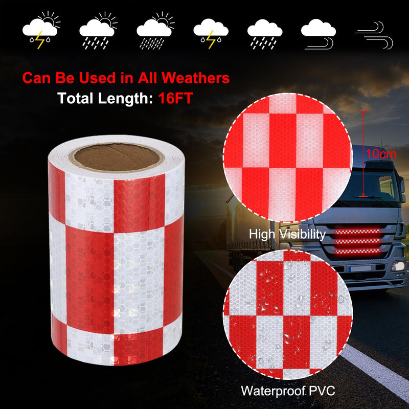 MECCANIXITY Reflective Tape, 4 Inch x 16 ft Self-Adhesive Trailer Reflector Tape Warning Safety Sticker Night Reflectors for Cars Trucks, Red White 4 Inch x 16 Feet