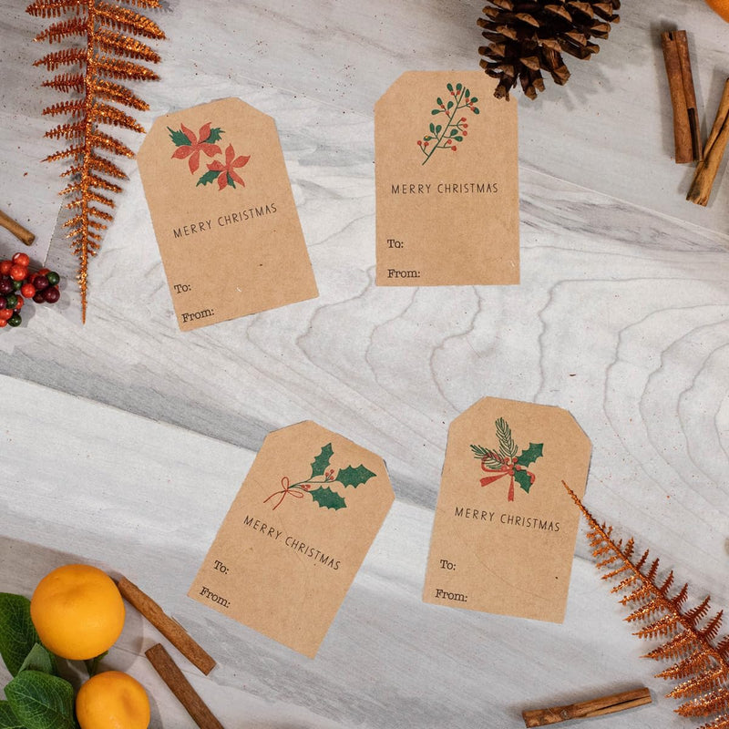 InStockLabels.com Natural Kraft English Holly Christmas Holiday Gift Tag Stickers 2 x 3 Inch 25 Total Labels