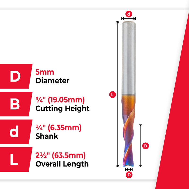 Amana Tool Solid Carbide Spektra Extreme Tool Life Spiral Plunge Router Bit Down-Cut, 46211-K, 5mm Dia x 3/4 CH x 1/4 Shank 2-1/2 Inch Long 5mm Dia x 3/4 CH x 1/4 SHK