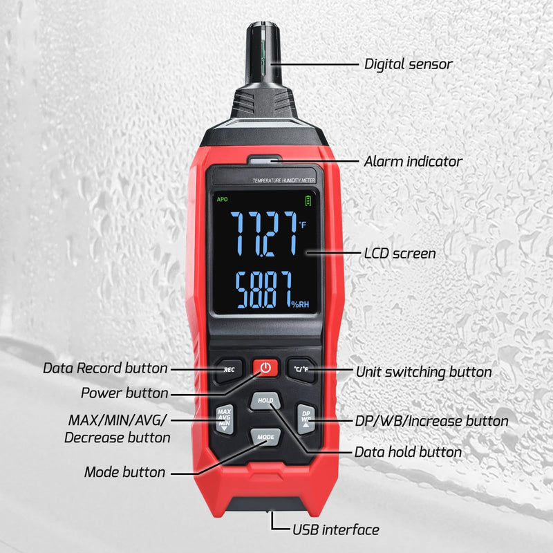 Humidity and Temperature Meter Data Logger Digital Psychrometer HVAC, Wet Bulb Thermometer Record 4000pcs Data and Export, Large LCD Humidity Tester Dew Point Meter with Indicator and Buzzer Alarm