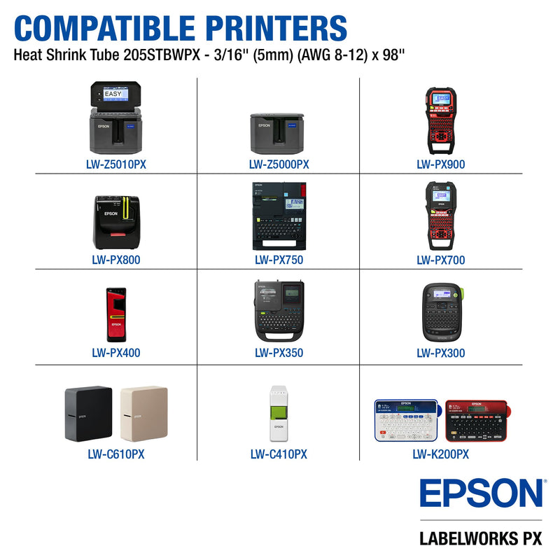 Epson LABELWORKS 205STBWPX Tape Cartridge - Black on White Shrink Tube Industrial Label Maker Tape - AWG 8-12, 3/16" (5MM) Wide, 8 ft (96") 5MM(8-12AWG)