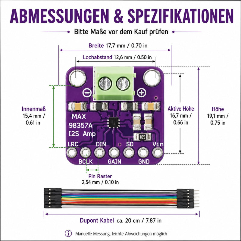 3x MAX98357A I2S DAC Amplifier Module ESP32 with 30x Dupont Cable 20 cm | MAX98357A I2S DAC Amplifier Module Set of 3 3W Mono Class D ESP32 Arduino Raspberry Pi Audio Breakout 30x Dupont Cable 20 cm