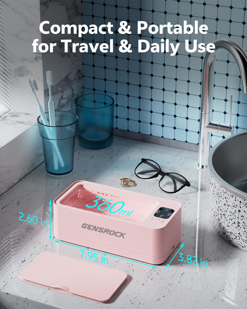 GENSROCK Ultrasonic Jewelry Cleaner, 48kHz Professional Silver Jewelry Cleaner & Diamond Ring Cleaner, 3 Modes, Scratch-Free 360ML Tank, Quiet Sonic Cleaner for Gold, Earrings, Glasses(Pink) Pink