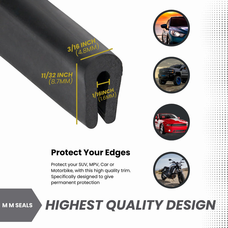 Black U Channel Edge Trim Rubber Seal EPDM 11/32" High x 3/16" Wide (50 Feet) 50 Feet