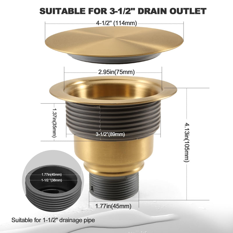3 1/2" Kitchen Sink Drain Kit Replacement Sink Drain Assembly Removable 304 Stainless Steel Deepen Sink Strainer Basket with Sealing Cover for Kitchen Laundry Room RV(Gold) Gold