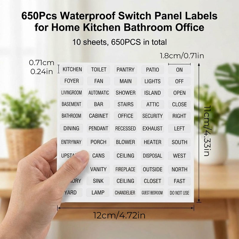 650 Pcs Light Switch Labels, Vinyl Rectangle Light Switch Stickers for Home & Office, Transparent PVC Switch Identification Labels, Easy Peel & Stick (10 Sheets)