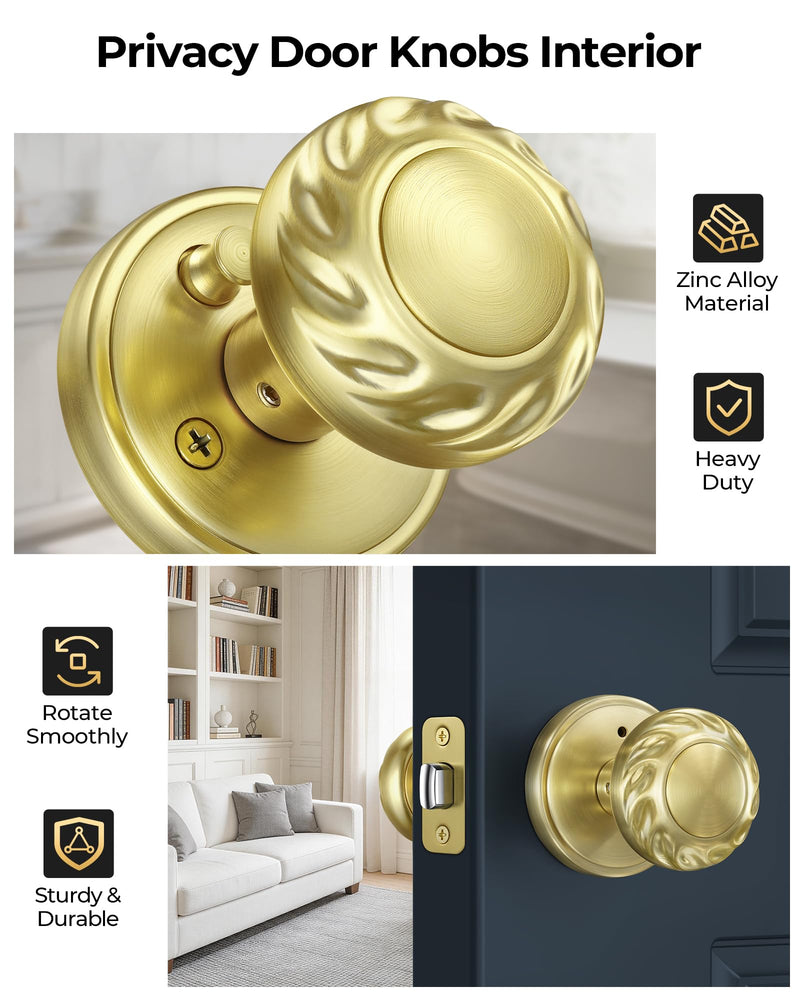 Gold Door Knob Interior, Zinc Alloy Heavy Duty Privacy Door Knobs with Lock for Bedroom and Bathroom, 1 Pack Brushed Gold Interior Door Knobs for Left Right Sided Doors