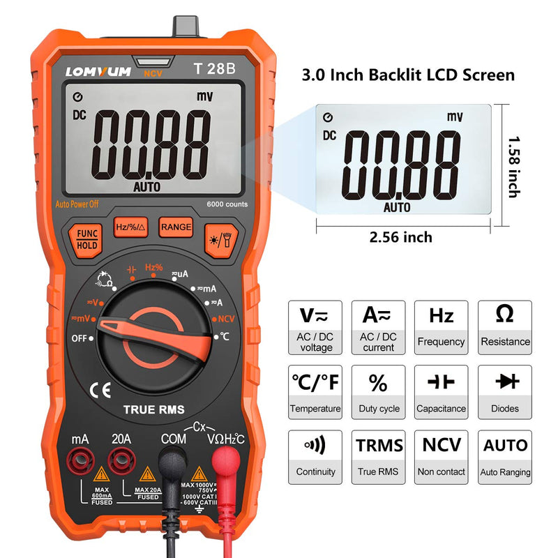 [Australia - AusPower] - LOMVUM Digital Multimeter, 6000 Counts Auto-Ranging Voltage Tester Meter with Ohm Volt Amp Capacitance Temperature Frequency Diode Backlit LCD and Flashlight 