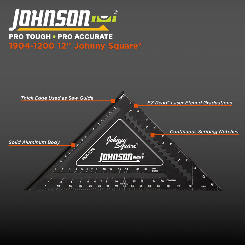 Johnson Level & Tool 1904-1200 Johnny Square Professional Easy-Read Aluminum Rafter Square, 12", Black, 1 Square 12" Johnny Square