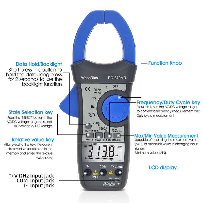 [Australia - AusPower] - Clamp Multimeter TRMS Auto-Ranging, 4000 Counts AC/DC Voltage Current Meter, Temp Frequency Capacitance Diode Continuity Tester Backlit(RQ-870MR) 