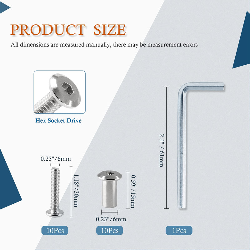 [Australia - AusPower] - 10 Pair(20 Piece) M6x30mm Hex Drive Socket Cap Bolt with Allen Wrench, Silver Furniture Connector Bolts M6 Countersunk Screw Barrel Nuts Binding Screws for Crib Replacement Belt Cabinet 