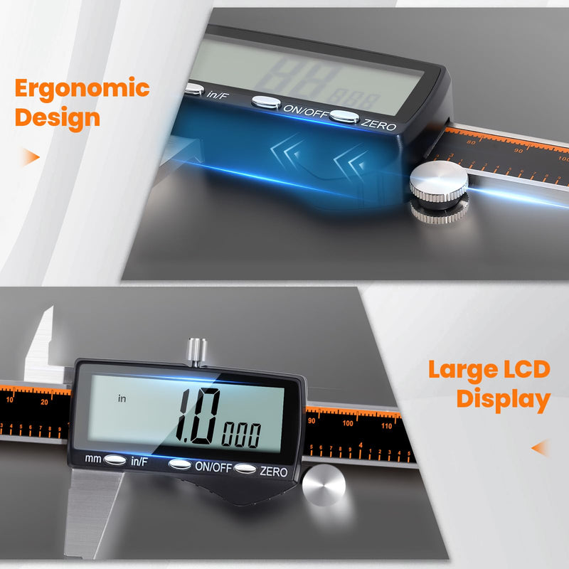 [Australia - AusPower] - HARDELL Digital Caliper, Rechargeable Calipers with Large LCD Screen, Stainless Steel Caliper Measuring Tool, Auto-Off Micrometer, Inch/MM/Fraction for DIY/Household/3D-printing 