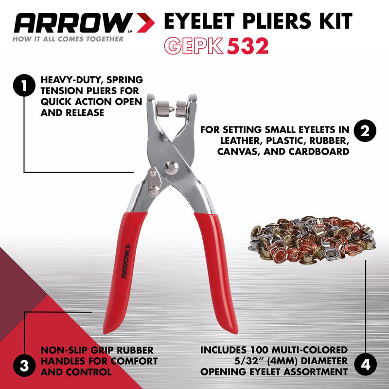 [Australia - AusPower] - Arrow GEPK532 Eyelet Tool Kit, Hole Punch Pliers for Fabric, Leather, Canvas, Includes 100 Eyelets, 5/32-Inch, Gold,silver 