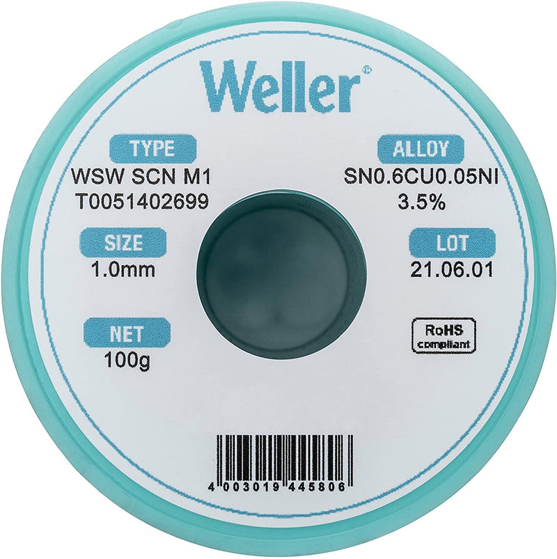 Weller WSW SCN M1 (T0051402699) Lead Free Solder Wire, Ø 1.0mm, Alloy Sn99.3Cu0.6Ni0.05, Flux Content 3.5%, 100g, Silver 1,0mm, 100g
