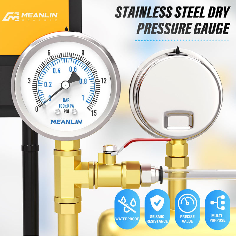 [Australia - AusPower] - MEANLIN MEASURE 0~1BAR/0~15PSI Dry Pressure Gauge Stainless Steel 1/4 Inch BSP 2 Inch Face Dial Waterproof for Fountain Pump Water Tyre Water Pressure Tester Bottom Bracket with 1/2 Inch BSP and 3/8 Mounted on the bottom 