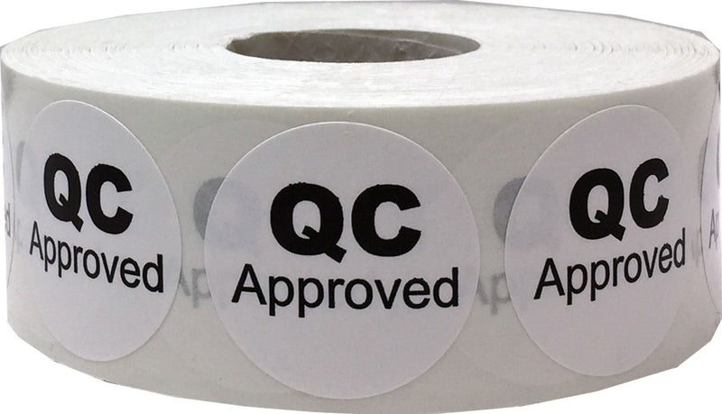 White with Black QC Approved Stickers – 1 Inch Round Circle Labels, 500 Total Adhesive Stickers Per Roll for Quality Control, Inventory, Inspection, and Packaging – Made in the USA