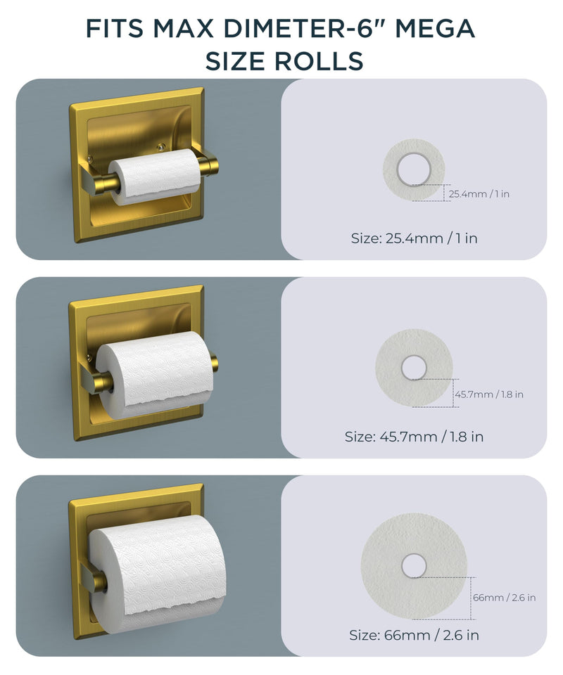 FORIOUS Recessed Toilet Paper Holder, Stainless Steel Durable Tissue Roll Holder Wall Mount for Bathroom Space Saving Design with Mounting Bracket, in Wall Toilet Paper Dispenser Insert, Gold 1