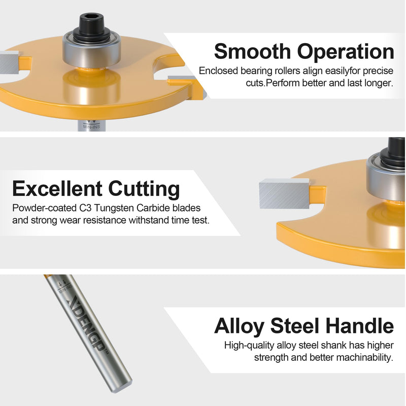 Rabbet Router Bit Set 1/4 Shank, Rabbeting Router Bits 1pcs with 6 Bearings for Interchangeable and Adjustable Multi Depths Cutter 1/8", 1/4", 5/16", 3/8", 7/16", 1/2" 1/4 Inch Shank 1-Piece Set 2" Dia - 3/16" CL