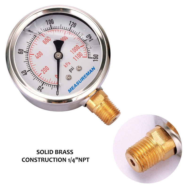 [Australia - AusPower] - MEASUREMAN 2-1/2" Dial Size, Glycerin Filled Pressure Gauge, 0-160psi/kpa, 304 Stainless Steel Case, 1/4" NPT Lower Mount 2 Pack 0-160 psi / 2PCS 