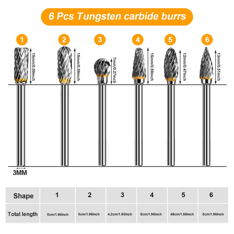 [Australia - AusPower] - SoundZero 6 Piece Carbide Burr Set, Double Cut Burr, Carbide Rotary Cutter Set, End Mill, with 1/8 Inch Shank, for Grinder, Carving, Metal Polishing, Engraving, Drilling 
