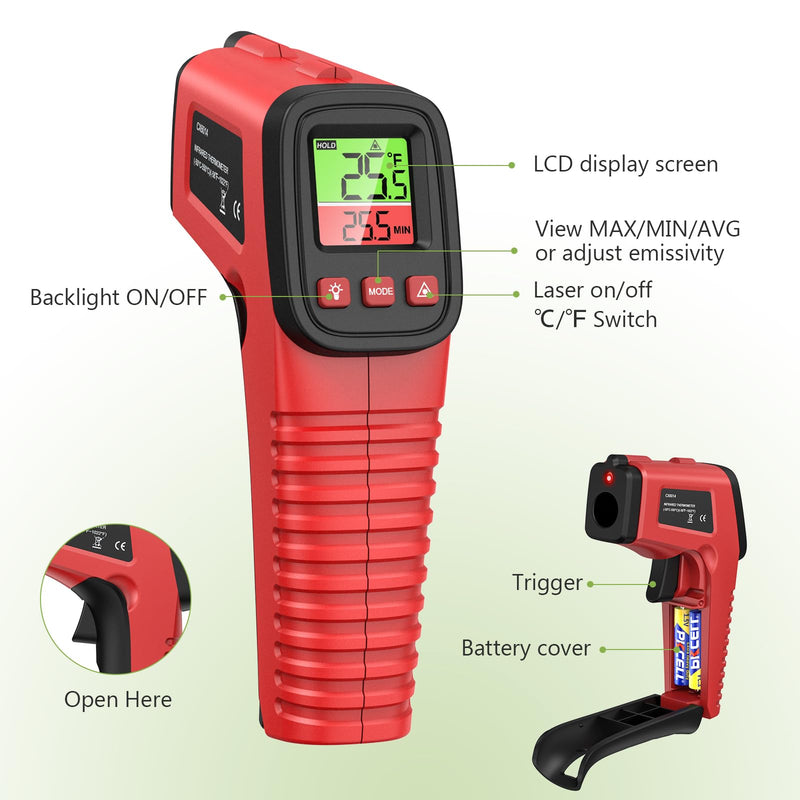 [Australia - AusPower] - KeeKit Digital Infrared Thermometer Gun, Upgraded Handheld Heat Laser Temperature Gun, IR Thermometer Temp Gun with Adjustable Emissivity for Cooking, BBQ, Fridge(Not for Human) 