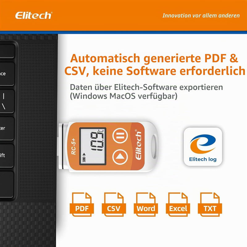 Elitech RC-5+ TE Temperature Data Logger Reusable Recorder 32000 Points PDF & CSV USB High Accuracy with Calibration Certificate Temperature Logger External Probe 1