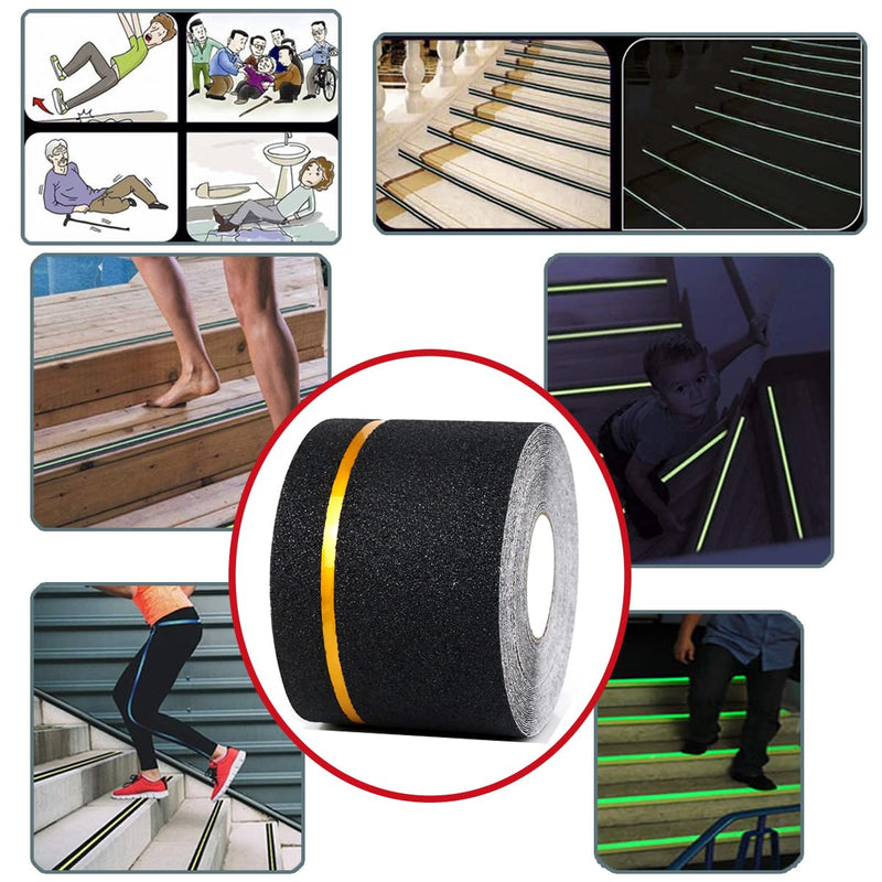 4" X 30" 10 Pack Anti Slip Stair Tread with Reflective Yellow Stripe Non Skid Tape Premium Grip Non Slip Tape Black High Traction Adhesive for Stairs Step Indoor/Outdoor (4" X 35Ft, 1)