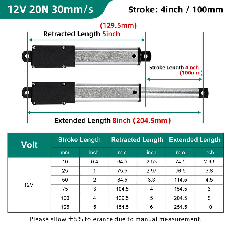 Stroke 100mm 20N 4 Inch Mini Linear Actuator 12V Force 4.5lbs Electric Linear Motion Actuators High Speed 1.2"/sec for Robotics,Home Automation with Mounting Brackets 4inch (100mm)