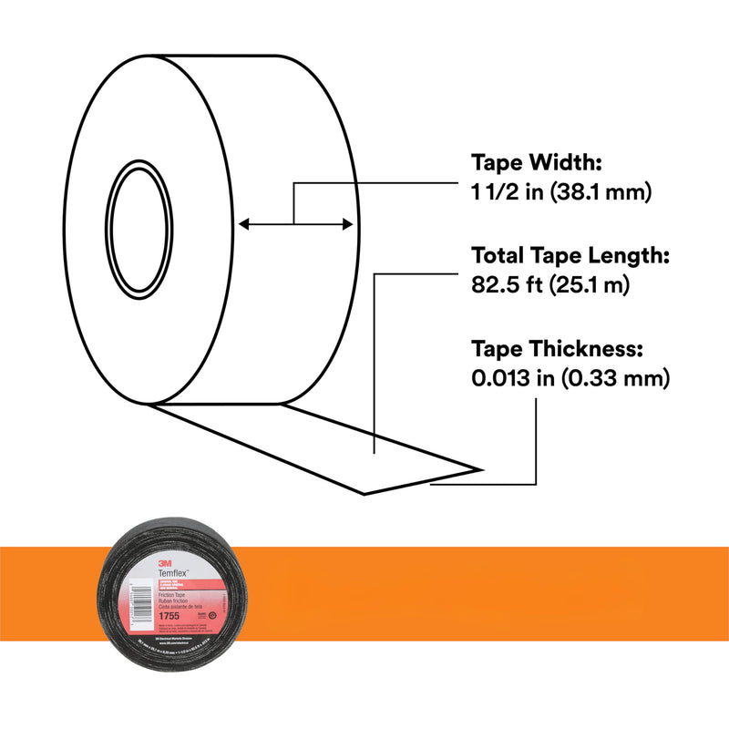 3M Temflex Cotton Friction Tape 1755, Black, 1-1/2" Width, 82-1/2 Foot Length