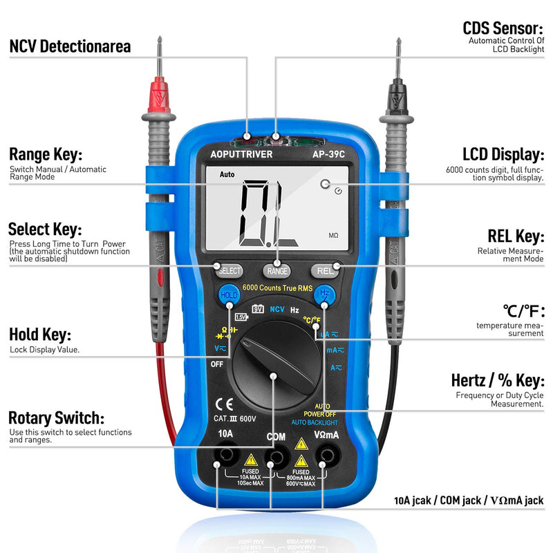 [Australia - AusPower] - Smart Digital Multimeter, AC DC Voltage Current Meter 6000 Count, Auto Range Multi Tester for Volt Amp Ohm Continuity Cap Resistance Diode/hFE Test, Electrical Measuring Tool for Car, Home, Industry 