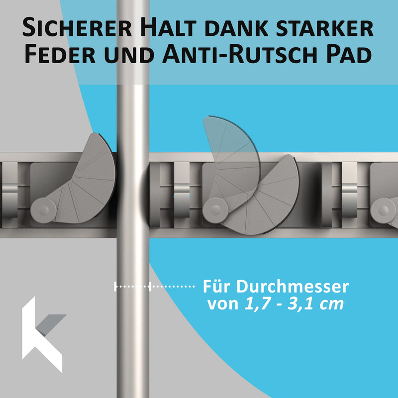 Space-saving tool holder for the wall - aluminum profile with 4 individually positionable brackets and 5 hooks [for brooms, garden tools, tools] - ideal in garage, workshop and garden 1