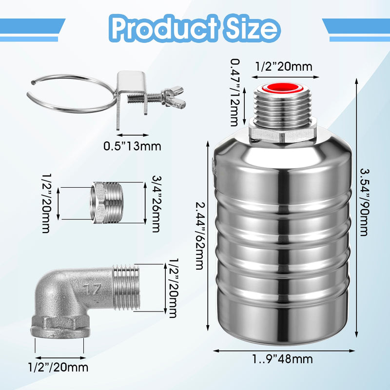 [Australia - AusPower] - 2 Pack Water Float Valve 1/2" to 3/4'' Auto Shut off Water Tank Float Valve 304 Stainless Steel Fully Automatic Level Control for Pool, Livestock Troughs 