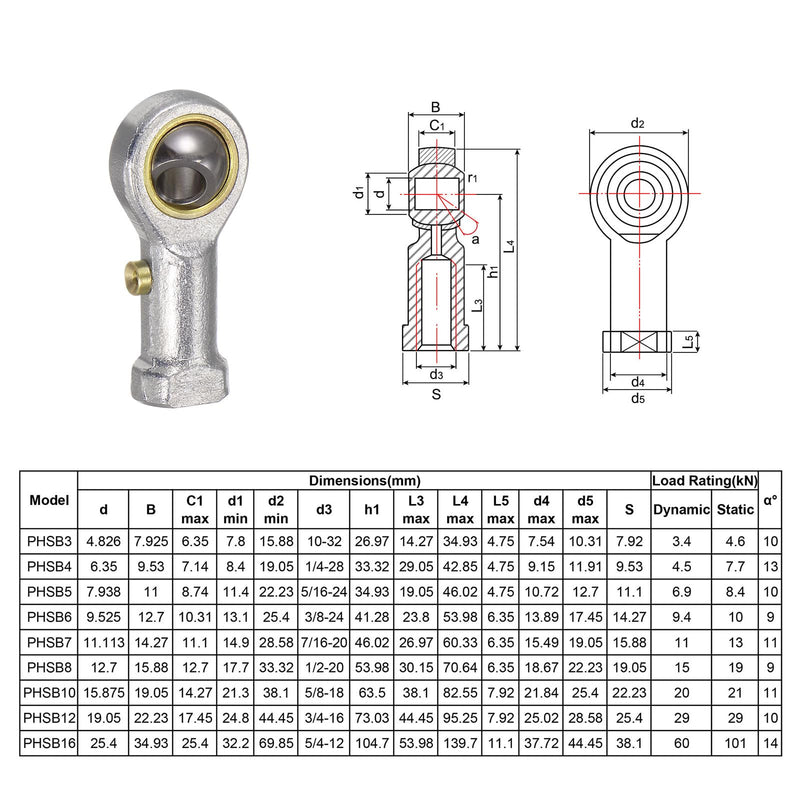 [Australia - AusPower] - uxcell 4pcs PHSB3 Female Rod End Bearing 3/16 Inch Bore and #10-32 Right Hand Thread, Self-Lubricating Joint Rod Ends, Includes Jam Nuts 
