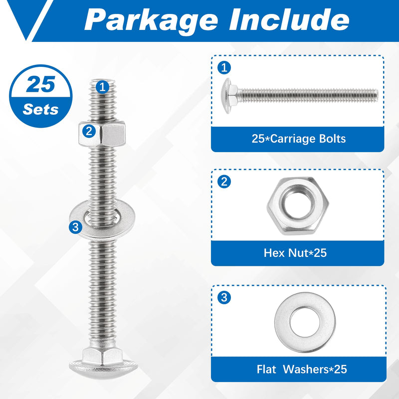 [Australia - AusPower] - Zonon Stainless Steel Carriage Bolts and Nuts Kit Round Head Square Neck Carriage Bolts Screws and Hex Nuts and Flat Washers, Stainless 18-8 Full Thread Coverage (25 Sets,Silver,1/4-20 x 2-1/2") 1/4-20 x 2-1/2" Silver 25 