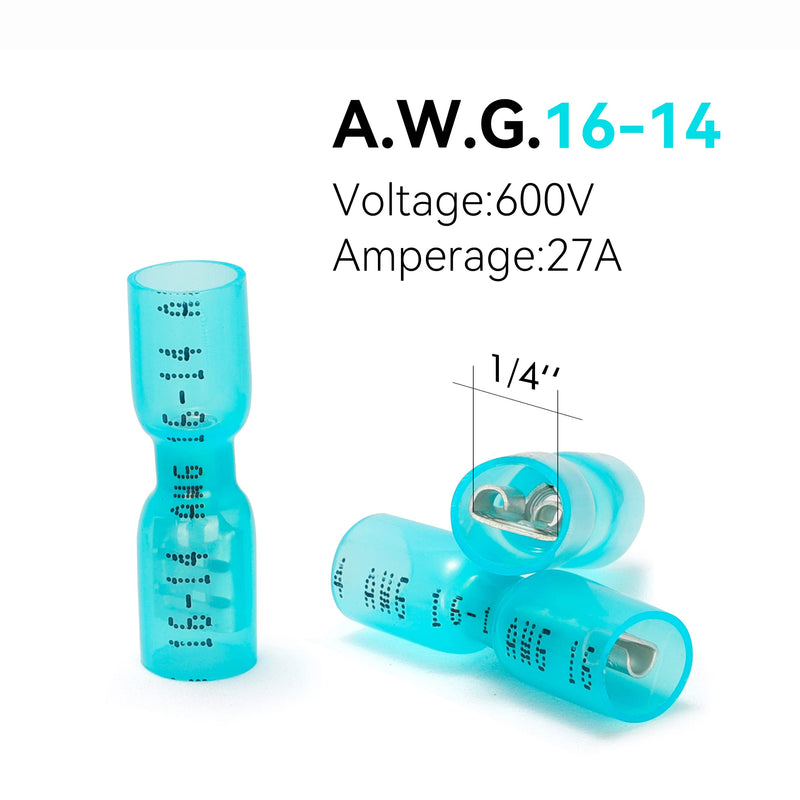 [Australia - AusPower] - HKS 100PCS Female Spade Connector Blue 16-14 AWG - Heat Shrink Electrical Quick Disconnect Wire Connectors Kit - Tinned Red Copper - Automotive Marine Crimp Connectors - Waterproof and Insulated Female Spade Terminal 