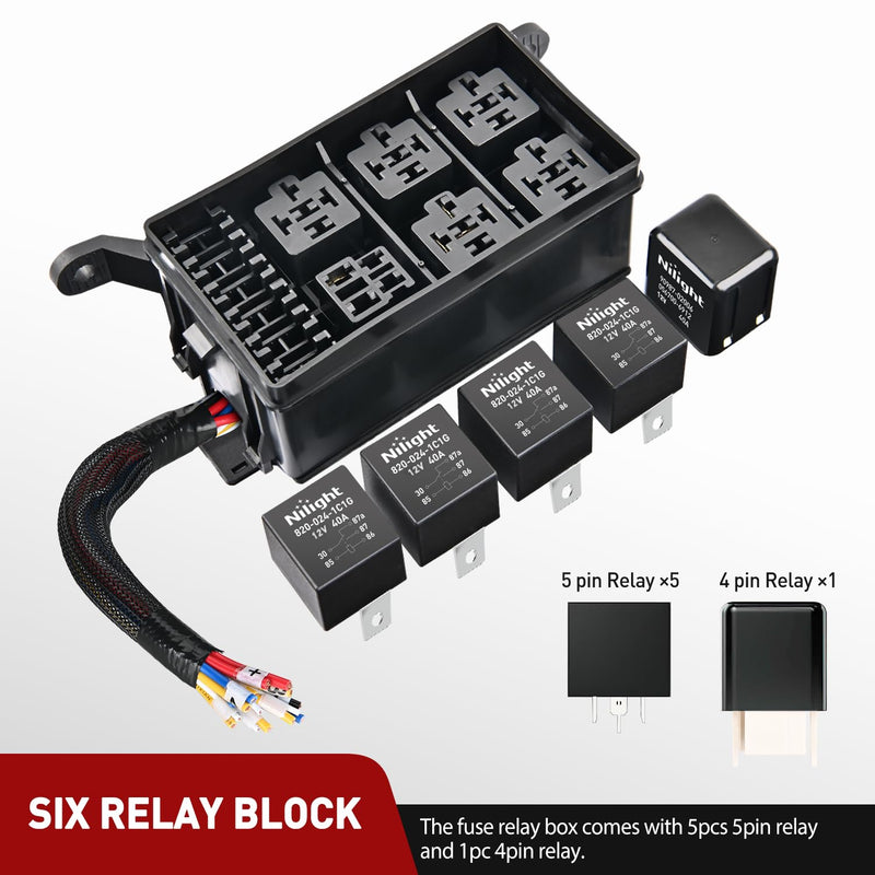 [Australia - AusPower] - Nilight 12V Fuse Relay Box 6 Relays 6 Slots ATC/ATO Blade Fuse Holder 4Pin 5Pin Terminal 40A Relay Pre-Wired Waterproof Block Kit Universal for Automotive Car Truck Camper Boat Fuse and Relay Block Pre-Wired 