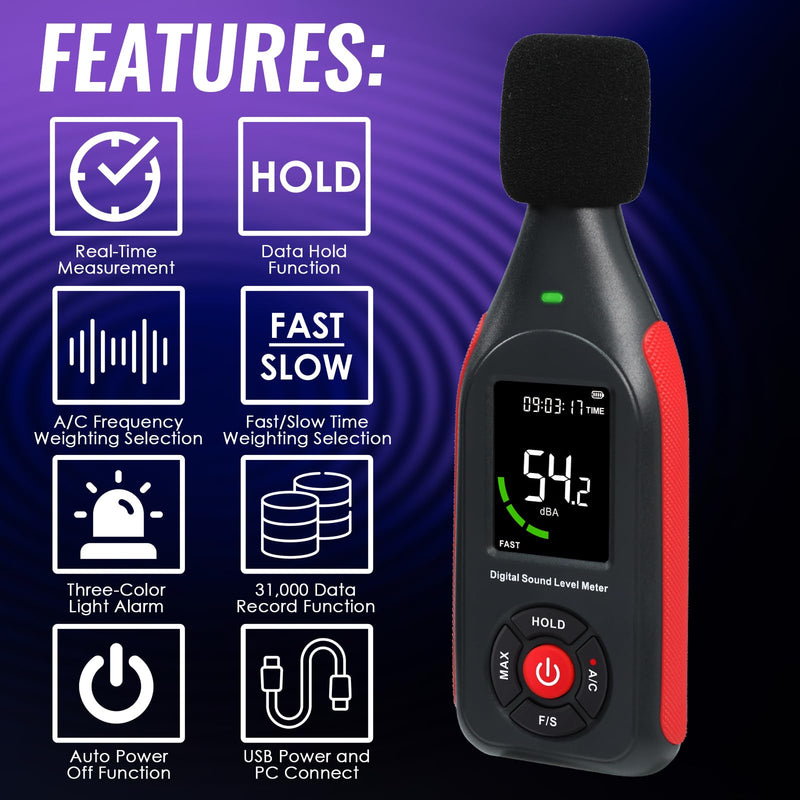 [Australia - AusPower] - Sound Level Meter, Sound Level Meter, dB Meter, SPL, Real-time Ambient Noise Measurement, A/C Frequency, Fast/Slow Time Selection, 31,000 Records 