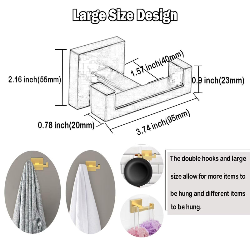 BOZWELL Double Towel Hooks for Bathroom Light Brushed Gold Wall Mount，Simple Modern Square Style Coat Robe Hook，Stainless Steel Heavy Duty Door Hanger for Bathroom Bedroom Kitchen Hotel Pool 1502-G-1 1 Double Hook