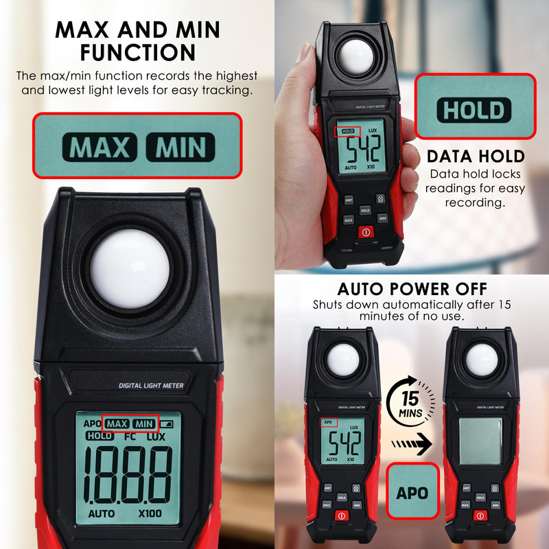 [Australia - AusPower] - Light Meter Digital Illuminance Light Lux Meter Handheld with Large LCD Display, Data Hold, Backlight, Max Reading 0.1 to 200,000 LUX Fast Response High Accuracy for Indoor & Outdoor Light Measurement 