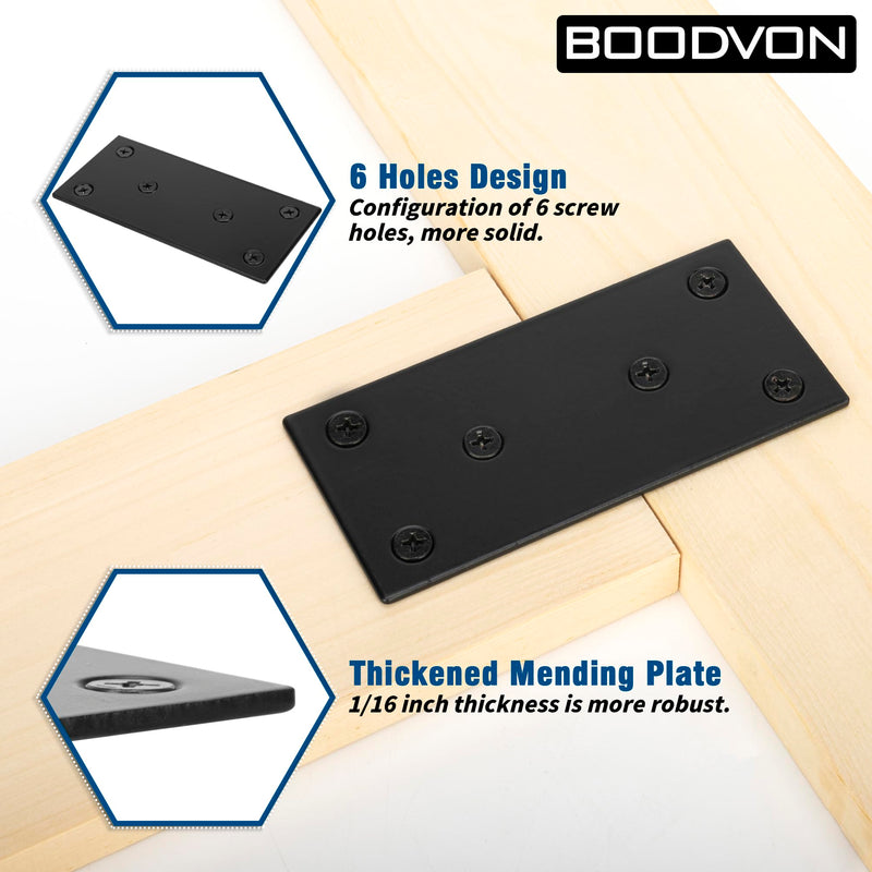 Mending Plate, Metal Steel Flat Straight Brace Bracket, Black Double-Wide Joining Plate for Wood Furniture Fastening & Fixing with 2 Sets of Screws of Different Lengths(48x128mm, 4 Pack) 1.9"×5"/48x128mm