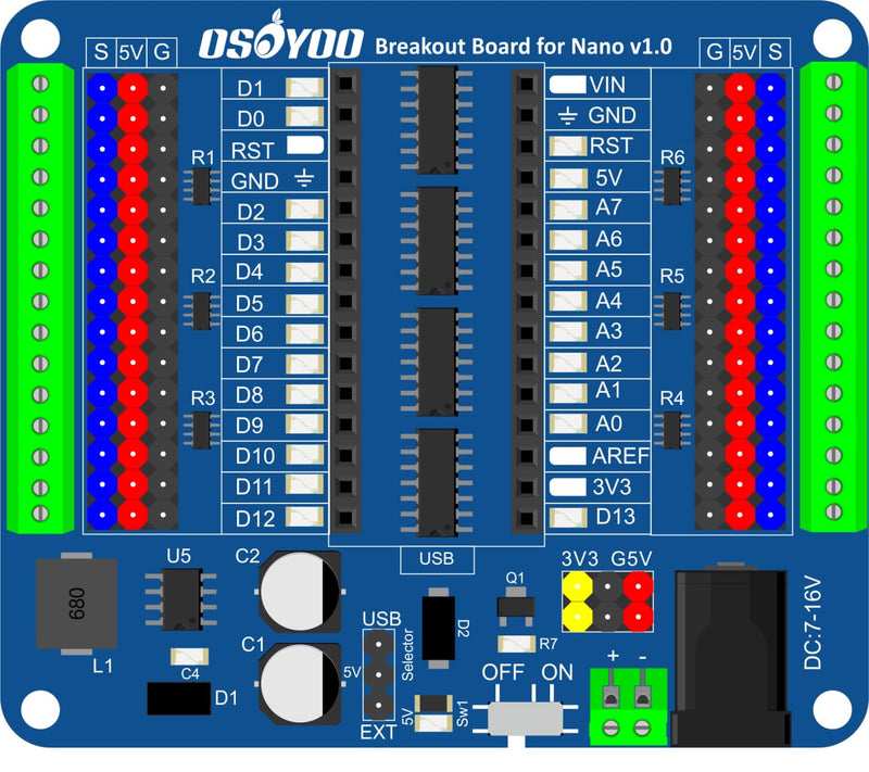 [Australia - AusPower] - OSOYOO Nano IO Shield Breakout Board with GPIO Status LED Terminal Extension Holder for Arduino Nano 