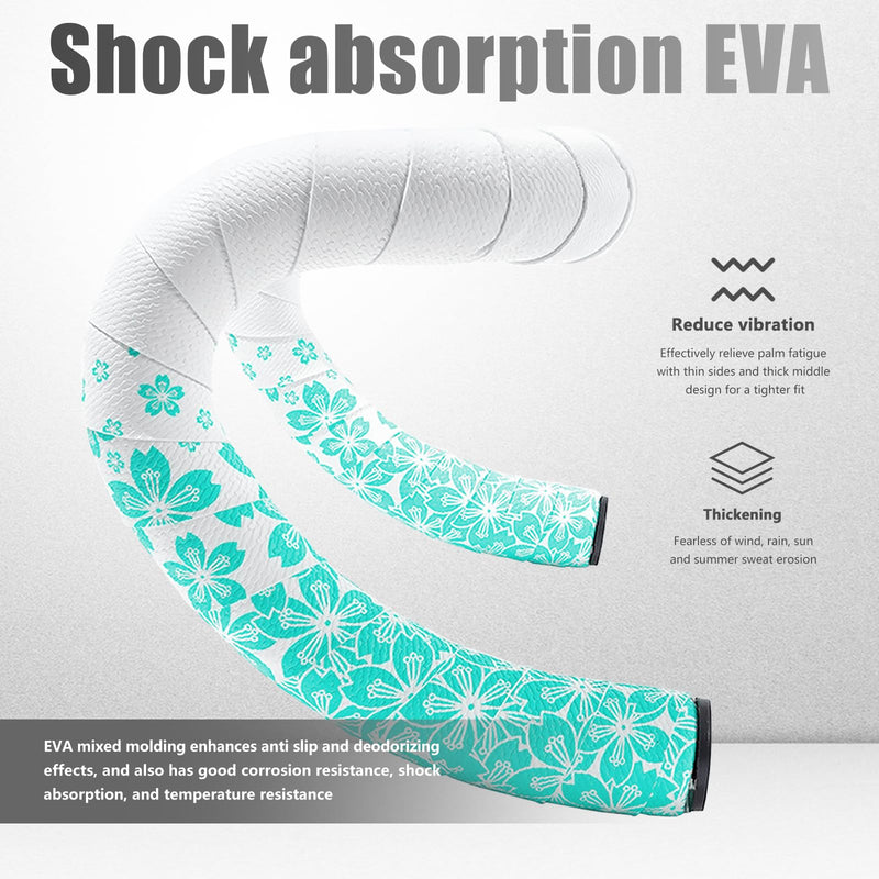 Bike Handlebar Tape EVA (Set of 2), Road Bike Handlebar Tapes, Handle Bar Tape for Road Bike, Cherry Blossom Pattern with 4pcs Handlebar End Plugs, Soft Comfortable-Enhance Your Bike Grip Black Green