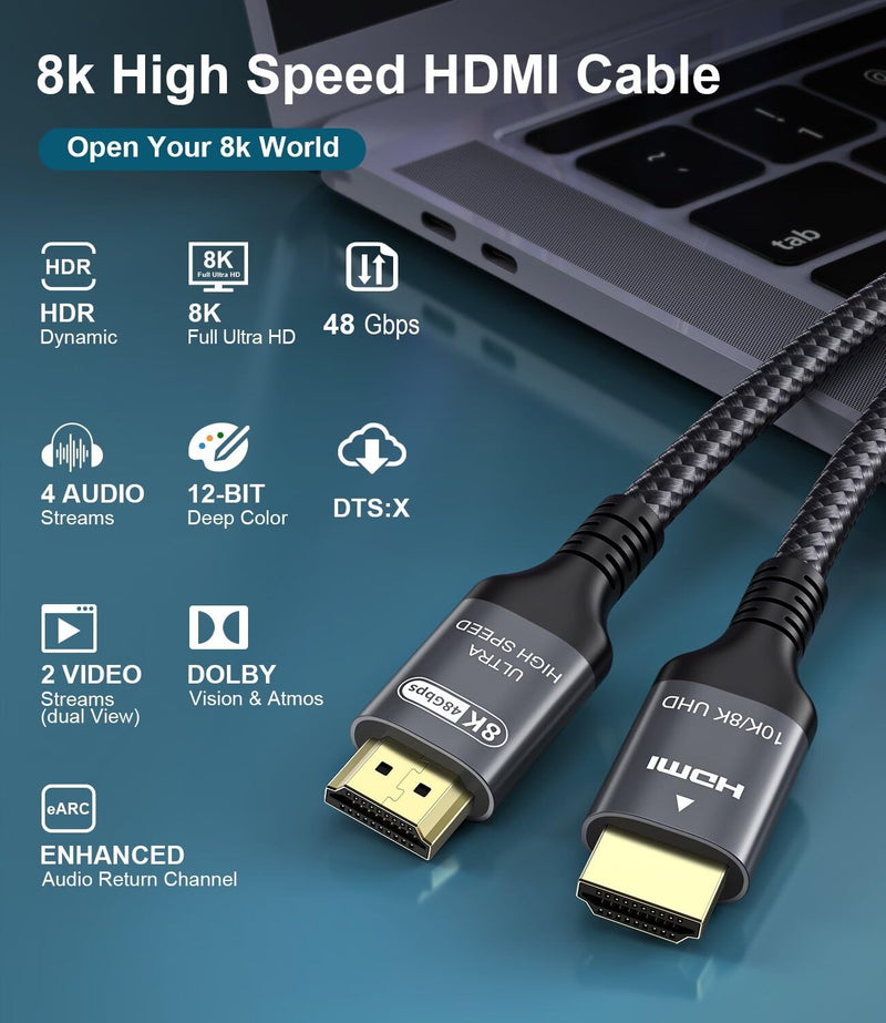 Certified 10K 8K HDMI 2.1 Cable 25 FT, 48Gbps Ultra High Speed HDMI® Cord Ethernet CEC 4K 240Hz 165Hz 144Hz 120Hz 8K 60Hz eARC Netflix HDCP2.3 HDR10+ PC Laptop RTX5090 TV Monitor Projector X-box PS5
